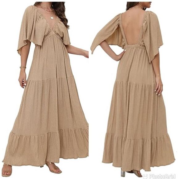 V-Neck  Tiered Silhouette with Flutter Sleeves Maxi Dress - Picture 3 of 16